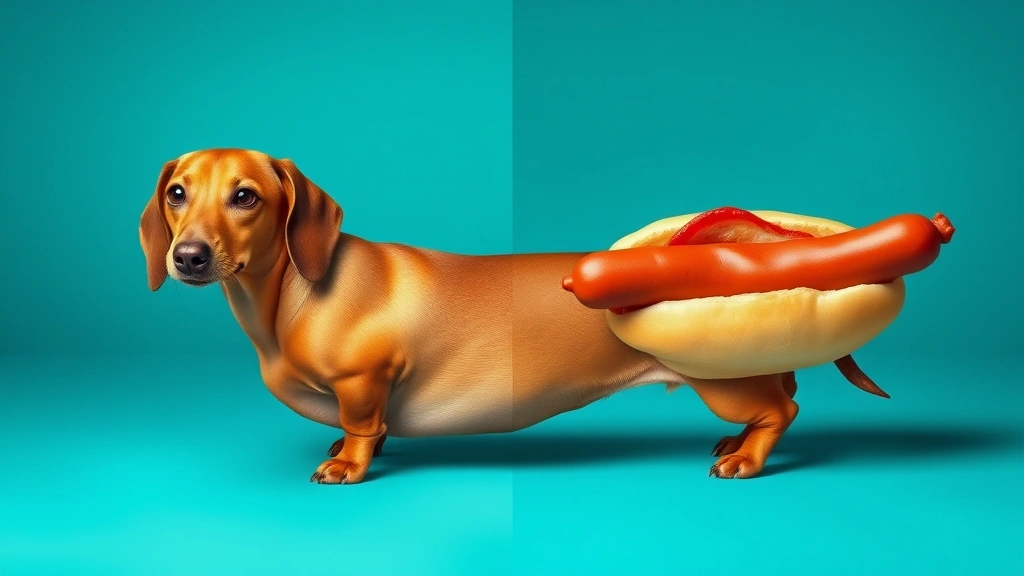 how did hot dogs get their name -
Photorealistic comparison image showing a long dachshund dog next to a hot dog 