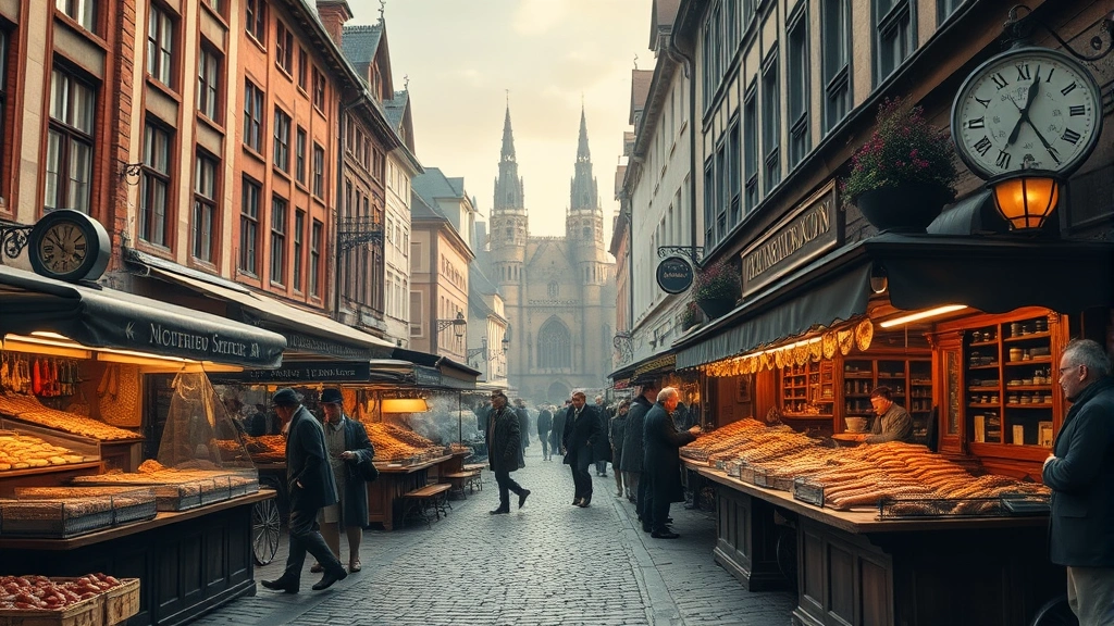 how did hot dogs get their name -
Photorealistic historic Frankfurt Germany street market scene from 1800s with G