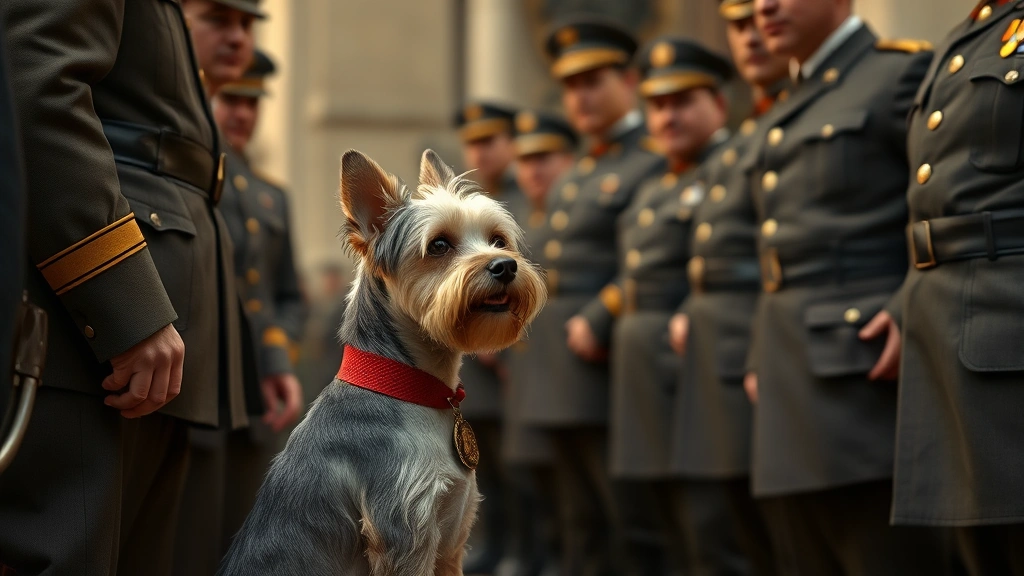 how did rags the war dog die -
Photorealistic historical scene of a small terrier receiving a military medal c