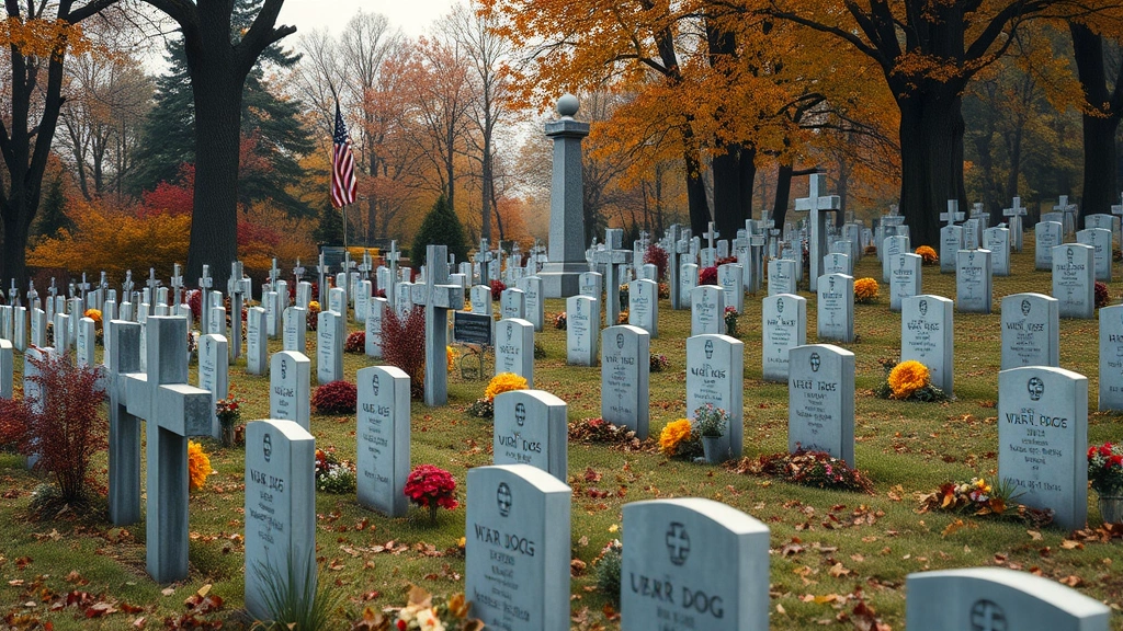 how did rags the war dog die -
Photorealistic image of a war dog memorial cemetery with headstones and crosses