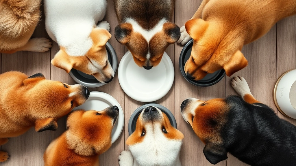 how do dogs drink water -
Photorealistic overhead view of different dog breeds (small, medium, large) dri