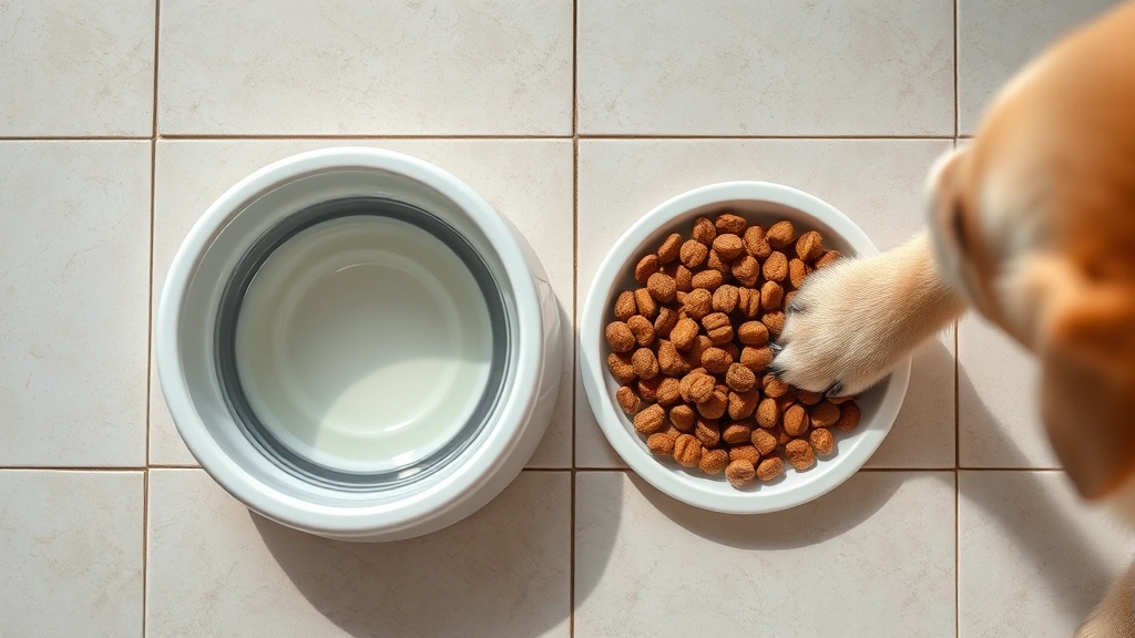 how do dogs get a uti -
Photorealistic overhead shot of a water bowl and dog food bowl on a tile floor 
