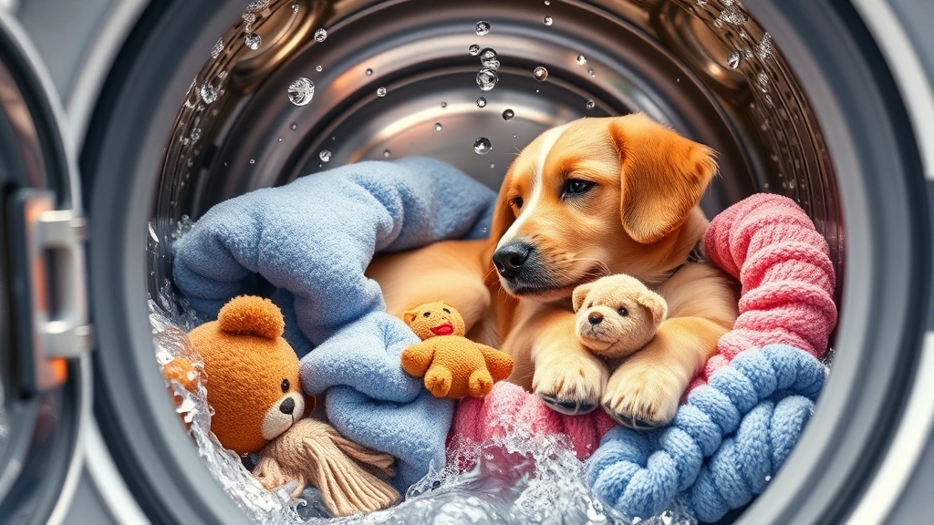 how do dogs get mites -
Photorealistic photo of clean dog bedding and toys being washed in hot water in