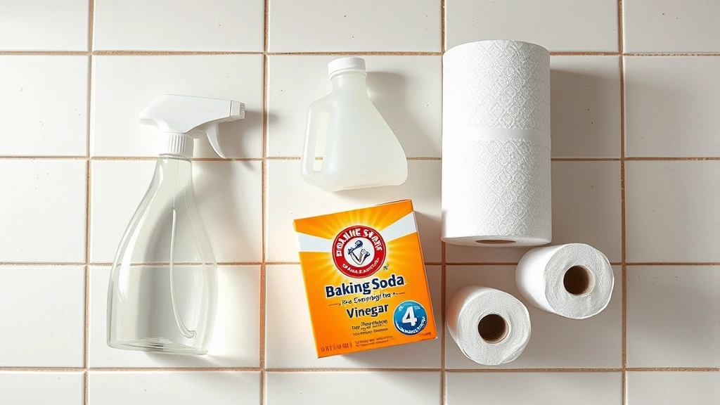 how do i clean dog vomit from carpet -
Photorealistic overhead view of cleaning supplies arranged on white tile: spray