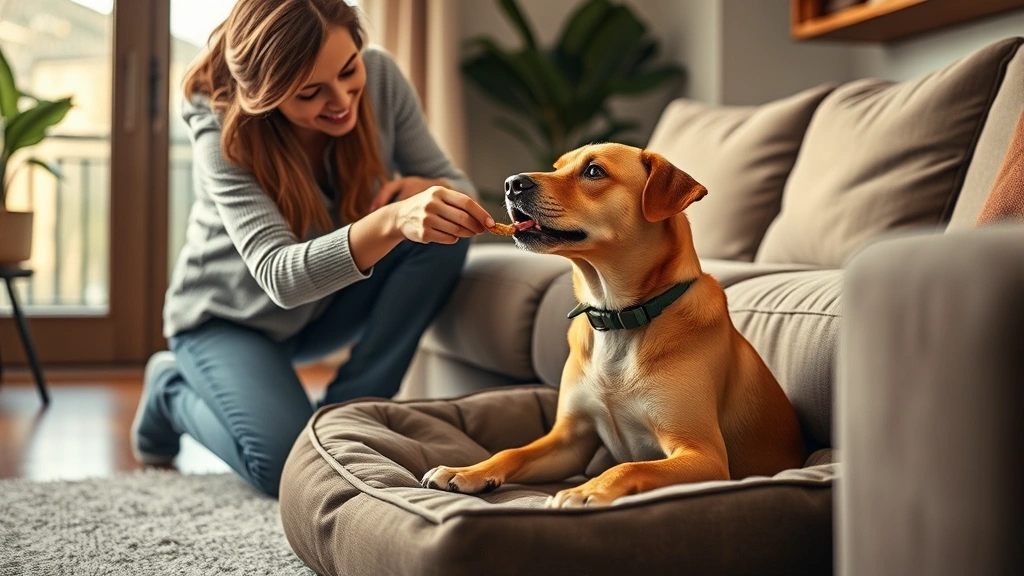 how do i keep my dogs off the couch -
A dog owner rewarding a medium-sized brown dog with a treat while the dog sits 