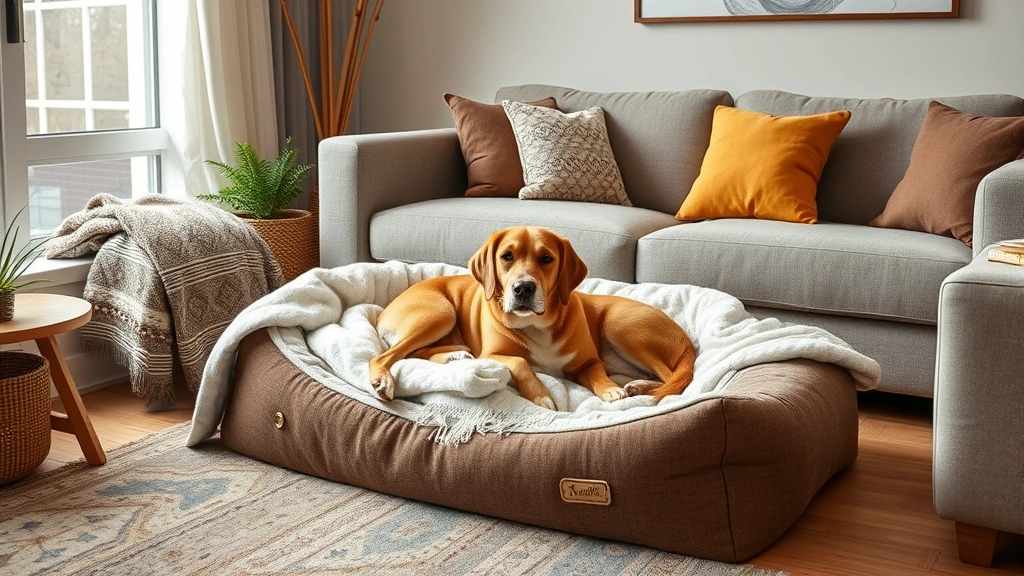 how do i keep my dogs off the couch -
A cozy dog bed with soft blankets in a corner of a living room next to a couch,