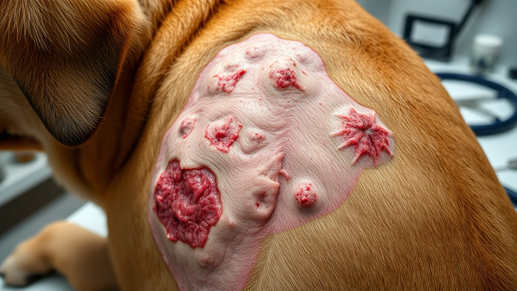how do i know if my dog has mange -
Photorealistic detailed view of a dog’s affected skin area with visible b
