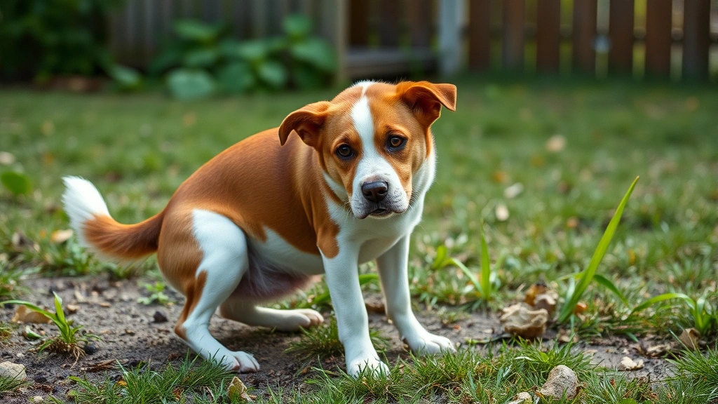 how do i know if my dog is constipated -
Photorealistic image of a brown and white dog in a yard crouching in a strainin
