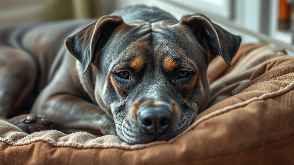 how do i know if my dog is constipated -
Photorealistic image of a sad-looking older gray dog lying on a dog bed indoors