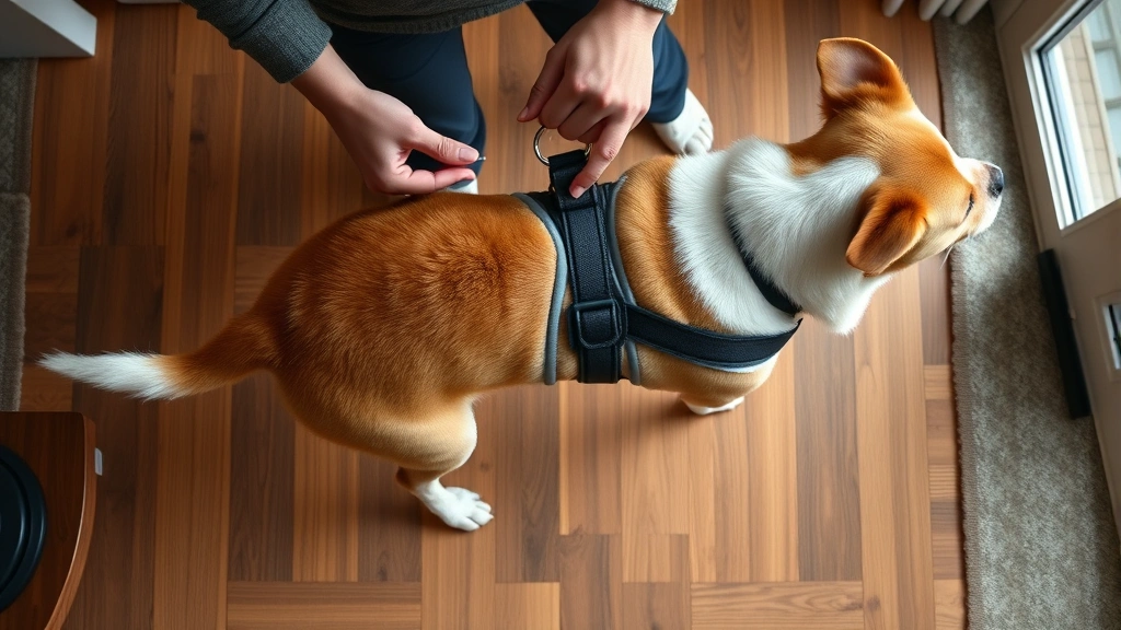 how do i put on a dog harness -
Photorealistic overhead view of a medium-sized dog wearing a step-in harness du