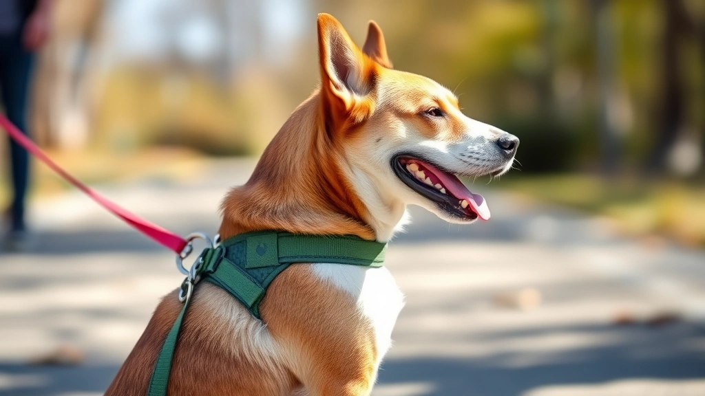 how do i put on a dog harness -
Photorealistic side profile of a happy dog wearing a fully secured harness, sit