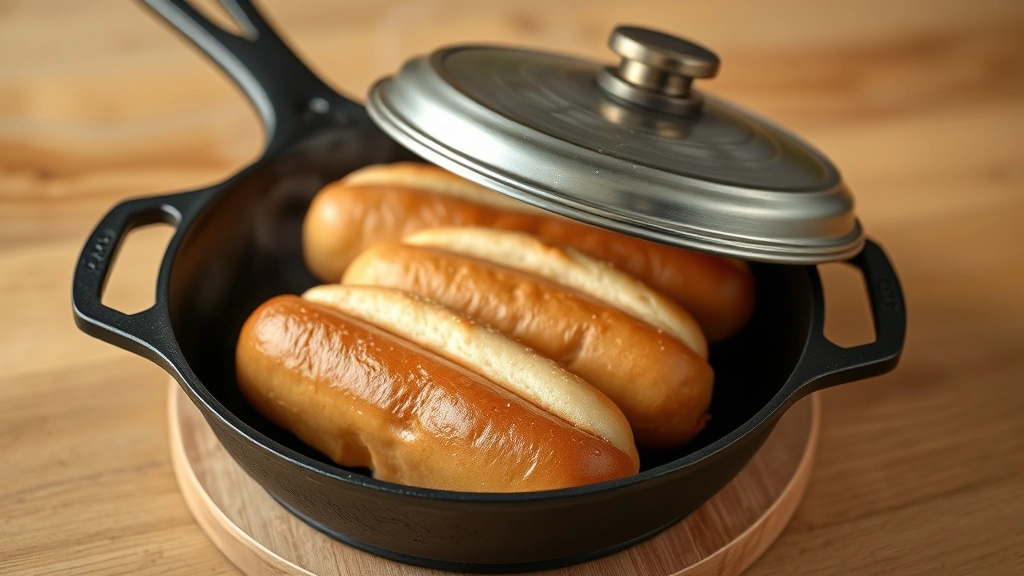 how do i steam hot dog buns -
Photorealistic image of a cast iron skillet with hot dog buns being steamed wit