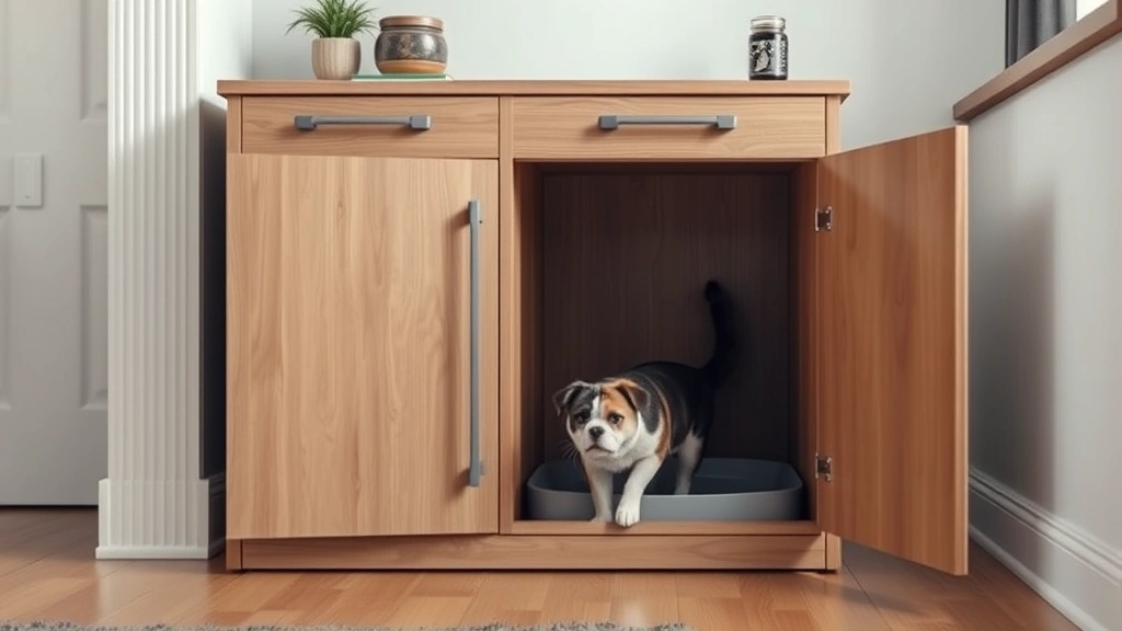 how do i stop my dog from eating cat poop -
Photorealistic image of a modern wooden litter box enclosure cabinet in a home 