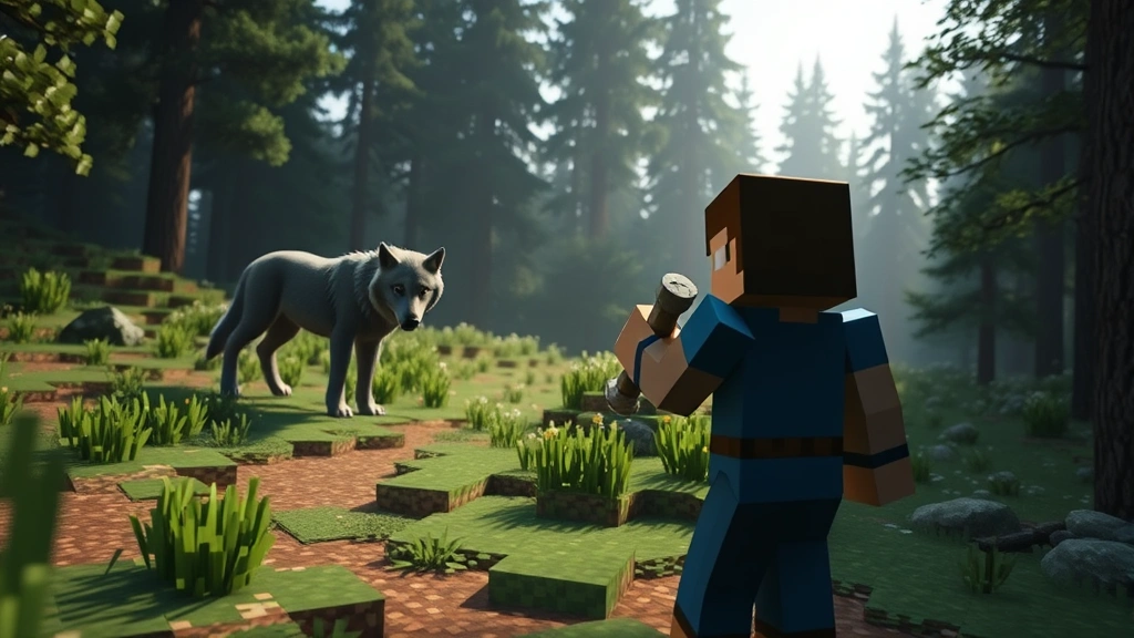 how do i tame a dog in minecraft -
Photorealistic Minecraft player character holding bones in hand approaching a g