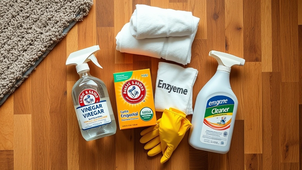how do you clean dog vomit out of carpet -
Photorealistic overhead shot of cleaning supplies arranged on hardwood floor ne