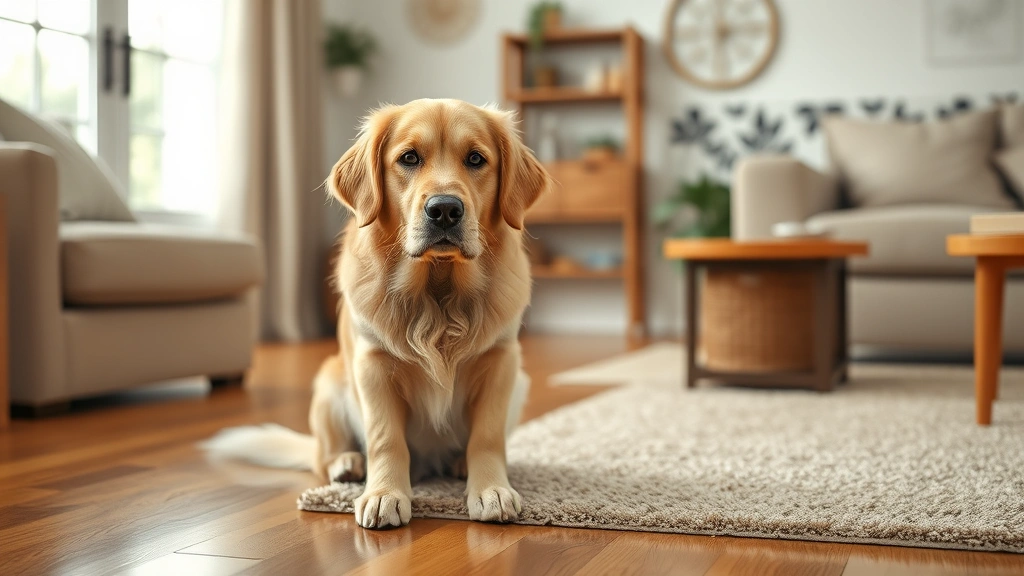 how do you clean dog vomit out of carpet -
Photorealistic image of a golden retriever sitting obediently on hardwood floor