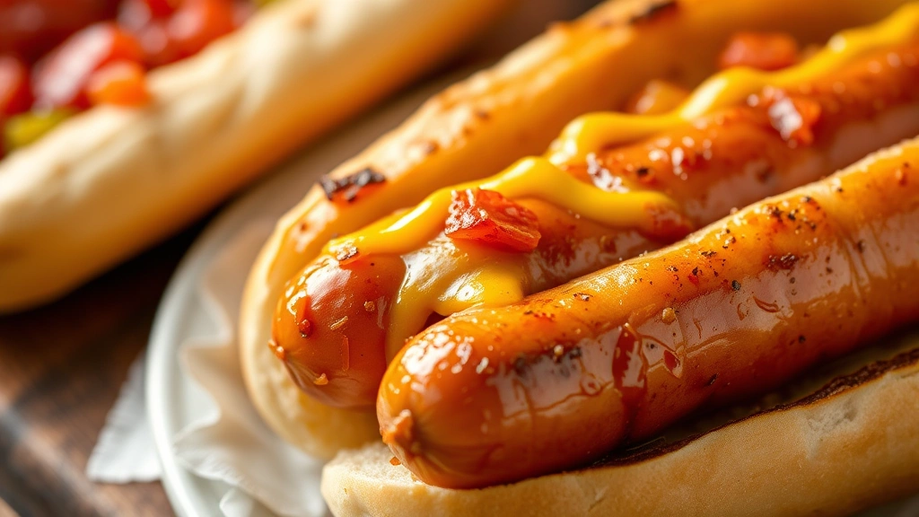 how do you cook hot dogs in the oven -
Photorealistic close-up of perfectly cooked hot dogs with caramelized golden-br
