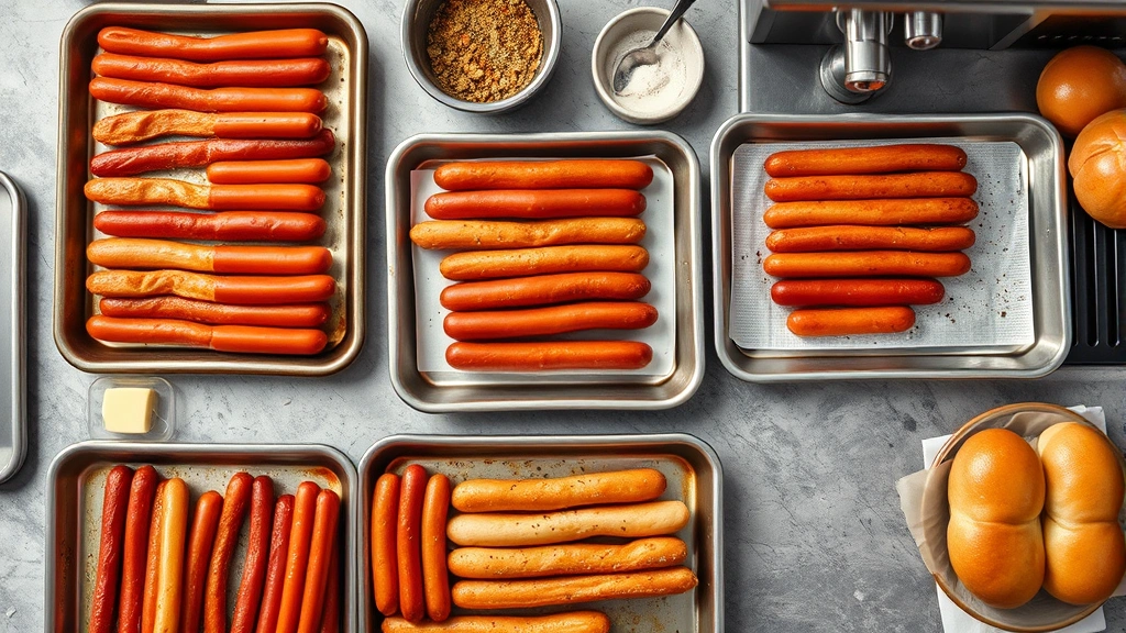 how do you cook hot dogs in the oven -
Photorealistic overhead shot of a kitchen counter with multiple baking sheets o