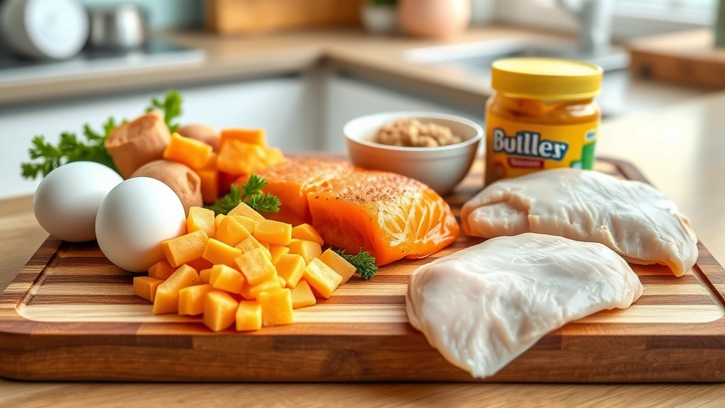 how do you fatten up a dog -
Photorealistic image of various dog-safe foods arranged on a wooden cutting boa