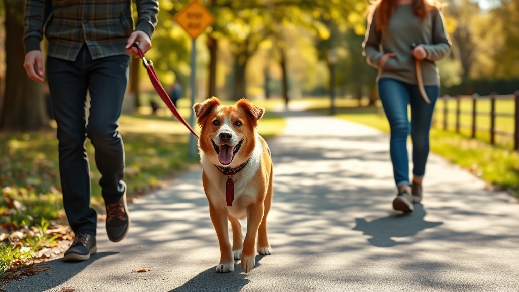 how do you foster a dog -
Photorealistic image of a rescue dog on a leash walking through a sunny park wi