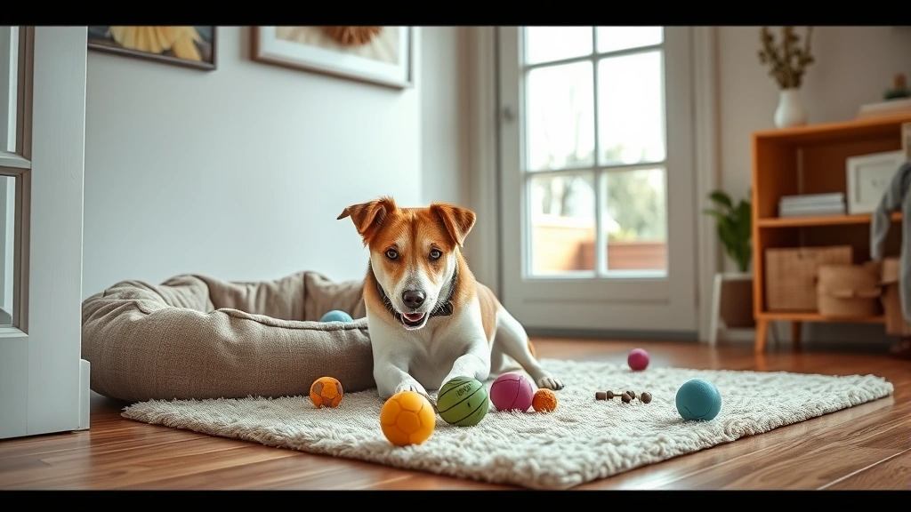 how do you foster a dog -
Photorealistic image of a foster dog playing with toys in a well-prepared home 