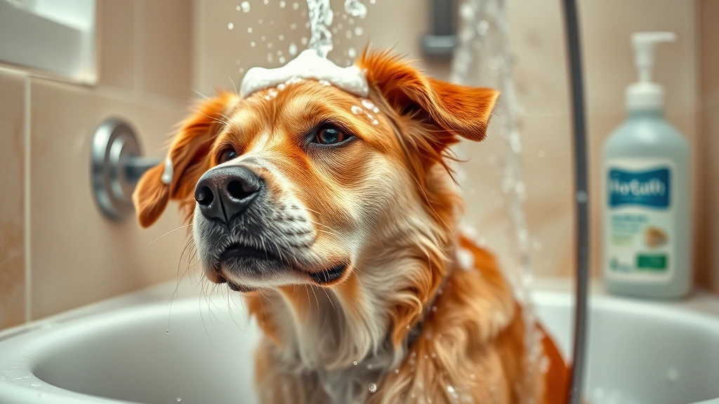 how do you get rid of mites on dogs -
Photorealistic image of a dog being bathed with medicated shampoo, water cascad