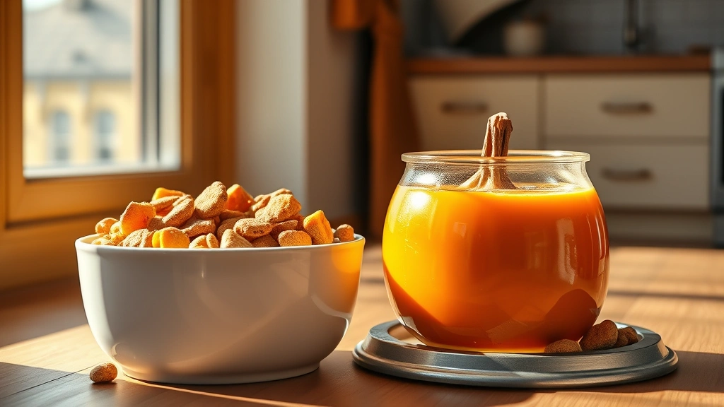 how do you help a constipated dog -
A bowl of plain canned pumpkin next to a dog food bowl with kibble, morning sun