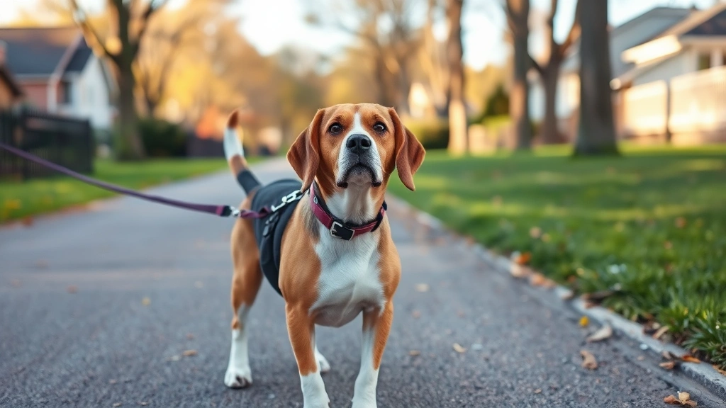how do you help a constipated dog -
An older beagle on a leash during a leisurely walk through a peaceful neighborh