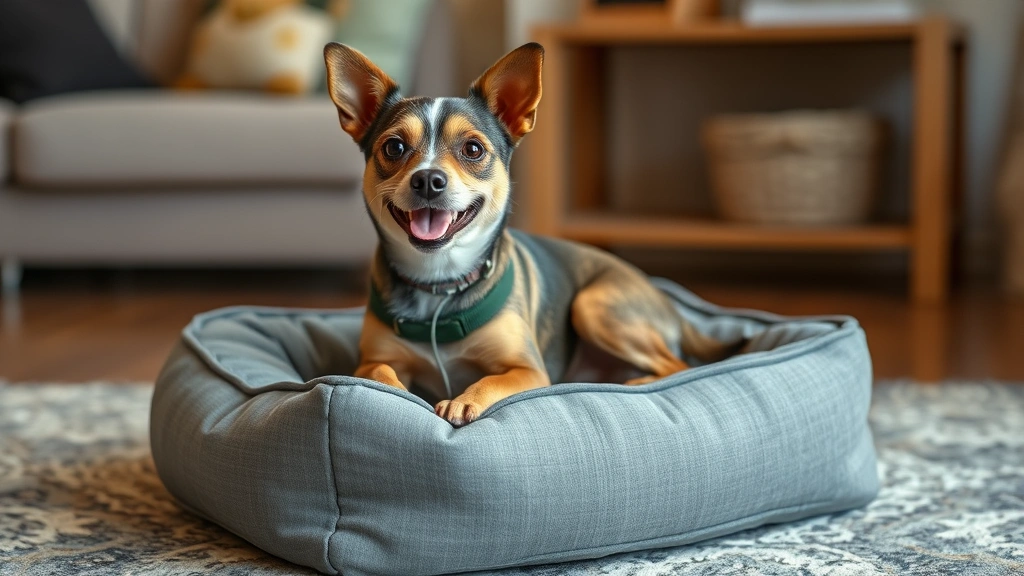 how do you keep dog off couch -
A small terrier mix sitting on their own elevated dog bed with a happy expressi