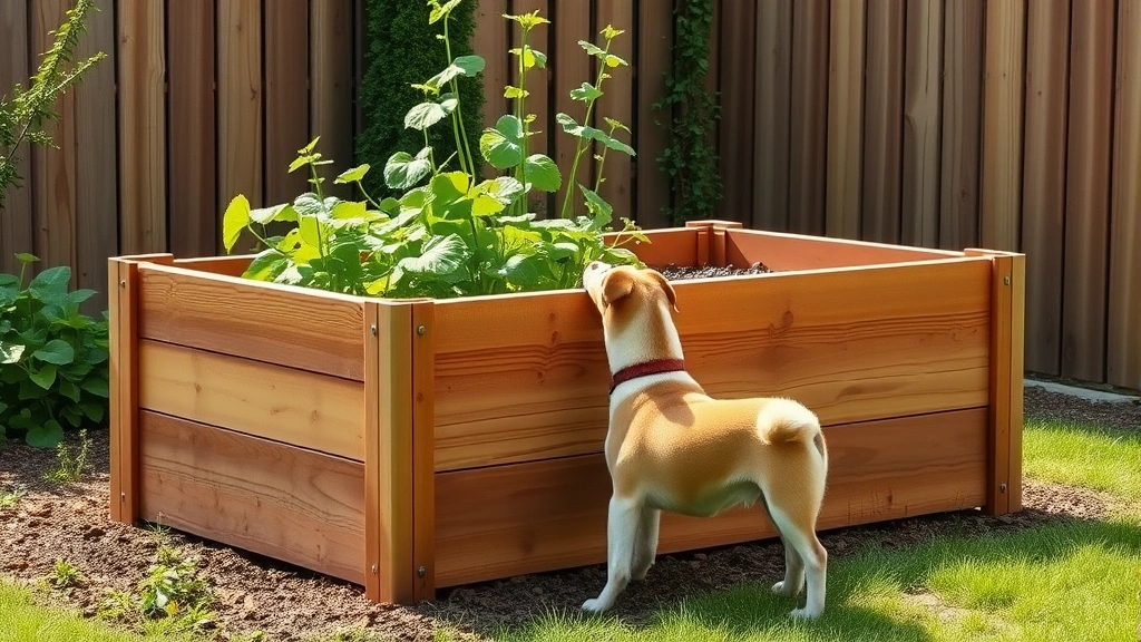 how do you keep dogs out of flower beds -
Photorealistic image of a raised wooden garden bed with small dog standing besi