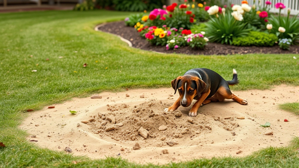 how do you keep dogs out of flower beds -
Photorealistic image of a designated dog dig zone with sandy soil area, happy d