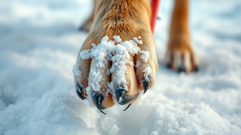how do you know if a dog is cold -
Photorealistic close-up of a dog’s paw in snow, showing the paw pad textu