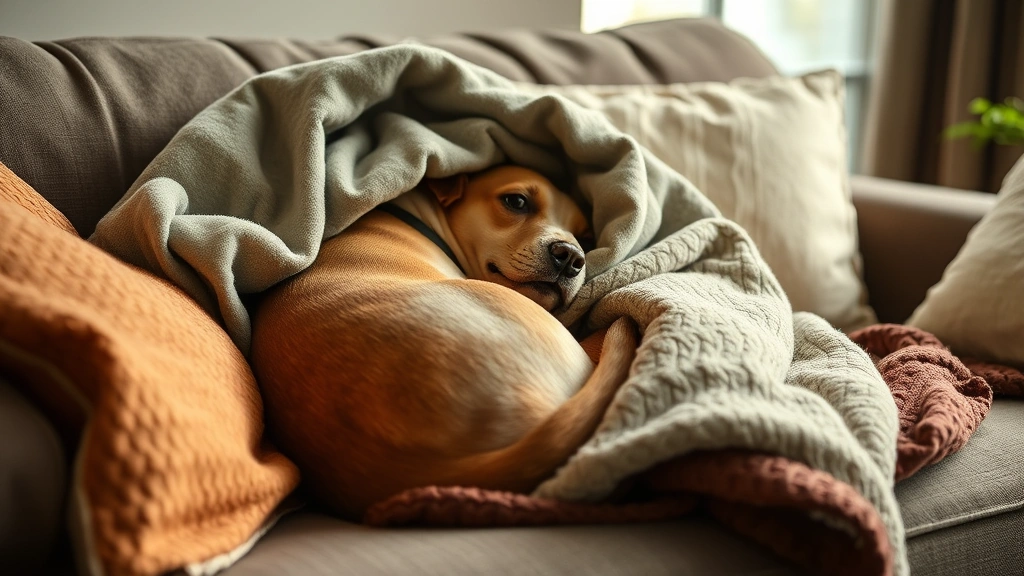 how do you know if a dog is cold -
Photorealistic dog curled up in a tight ball burrowed under multiple blankets a