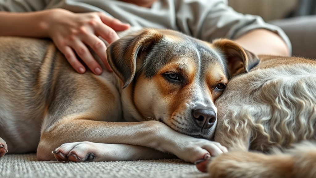 how do you know when a dog is dying -
Photorealistic image of a senior dog lying down with a family member sitting be