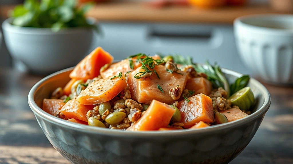 how do you stop a dog from shedding -
Close-up of high-quality dog food in a bowl with salmon, vegetables, and omega-