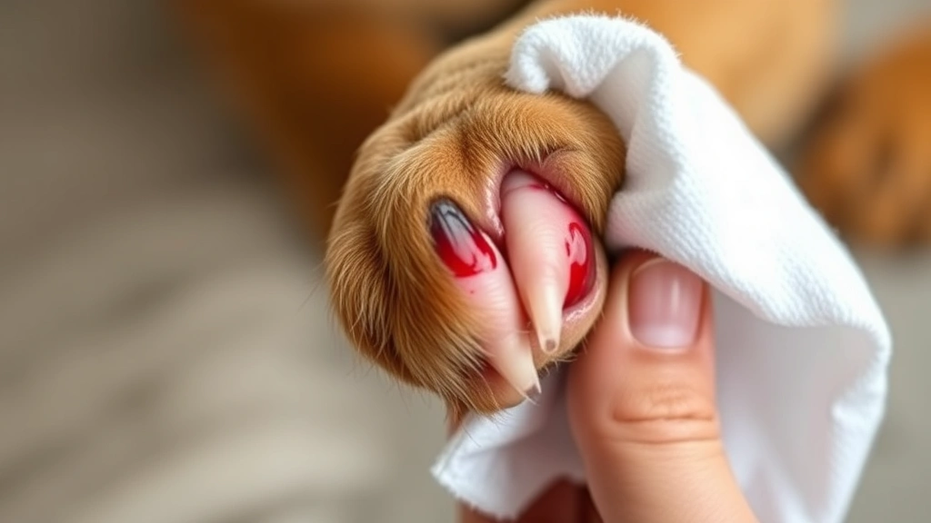 how do you stop a dog's nail from bleeding -
Photorealistic image of a dog paw being held with a clean white cloth applying 