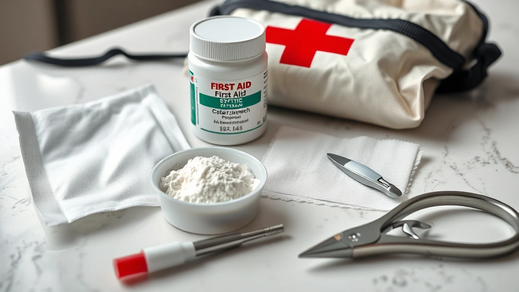 how do you stop a dog's nail from bleeding -
Photorealistic photo of a veterinary first aid kit laid out on a table with sty
