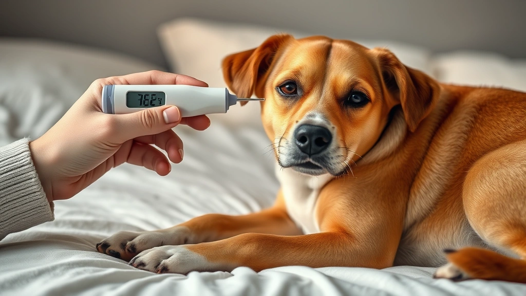how do you tell if your dog has a fever -
Photorealistic image of a person gently taking a dog’s temperature with a