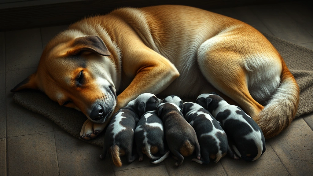how do you tell if your dog is in labor -
Photorealistic image of a mama dog resting peacefully after labor surrounded by