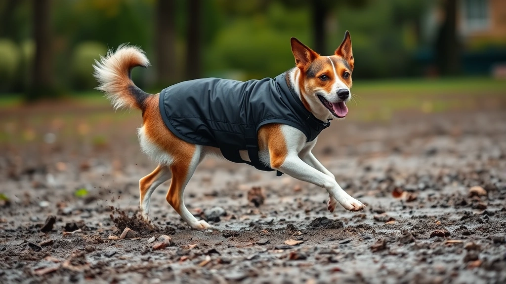 how does a dog wear pants -
Photorealistic image of a mixed breed dog wearing waterproof black pants playin