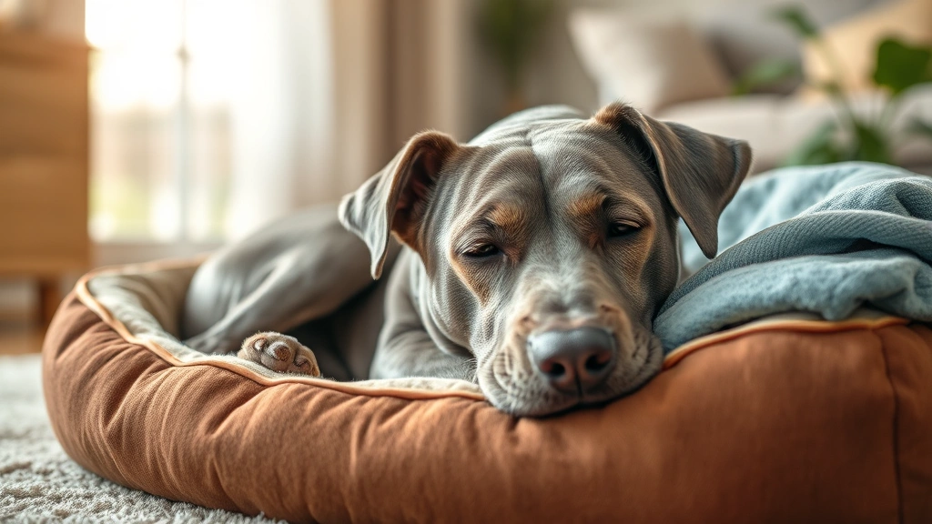 how long after a dog eats do they poop -
photorealistic senior gray dog resting on a comfortable dog bed indoors, peacef