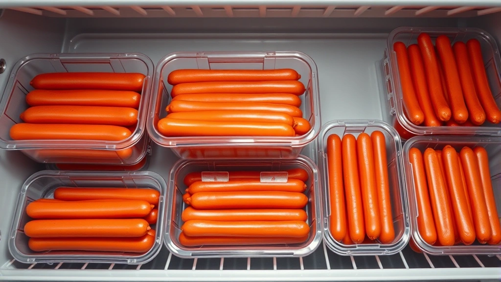 how long are hot dogs good for in the fridge -
Photorealistic overhead shot of hot dogs stored in clear airtight plastic conta