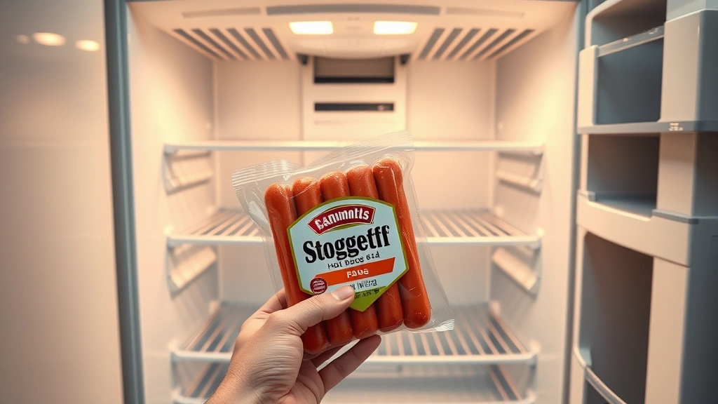 how long are hot dogs good for in the fridge -
Photorealistic image of a hand holding a package of hot dogs in front of an ope