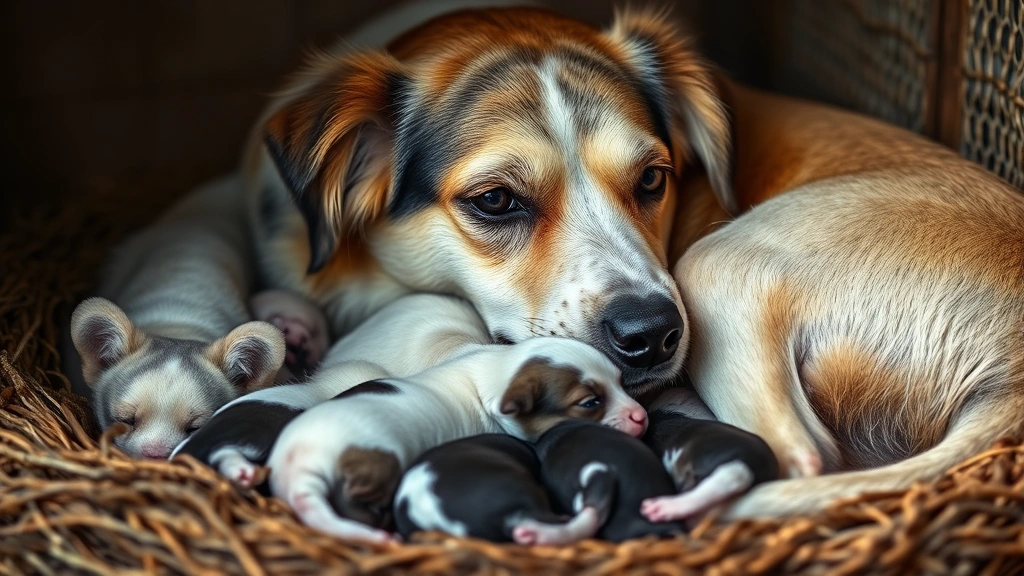 how long can a dog be in labor -
Photorealistic close-up of a mother dog nursing newborn puppies in a cozy nesti