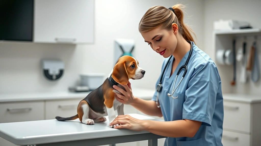 how long can a dog go without urinating -
Photorealistic image of a female veterinarian examining a small beagle puppy on