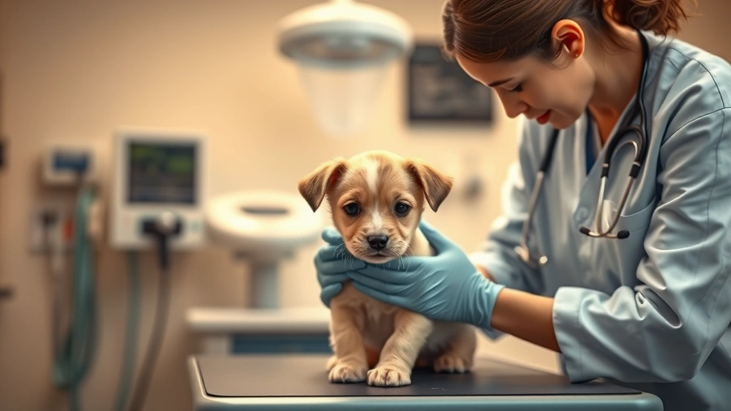 how long can a dog hold his pee -
Photorealistic image of a veterinarian examining a small puppy on an examinatio
