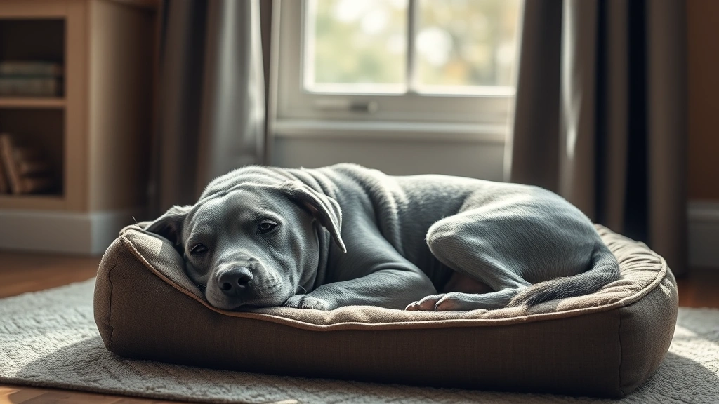 how long can a dog hold his pee -
Photorealistic image of an elderly gray dog resting on a comfortable dog bed ne