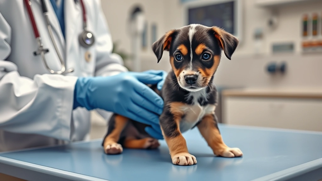 how long can a dog hold their poop -
A veterinarian examining a small puppy on an examination table with medical equ