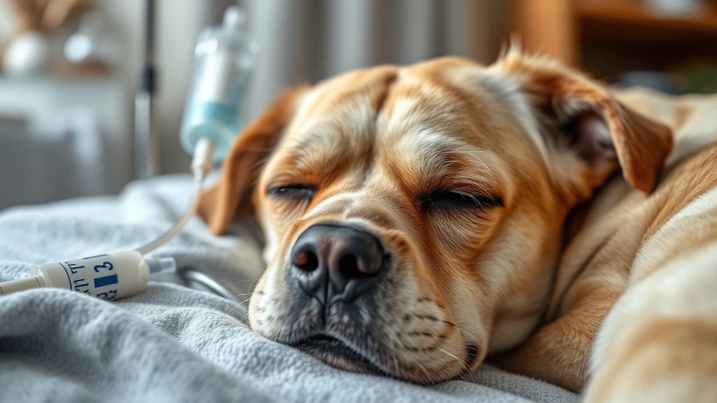 how long can a dog live on subcutaneous fluids -
Photorealistic close-up of an elderly dog resting peacefully during subcutaneou