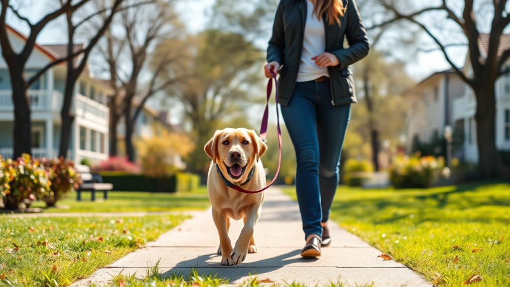 how long can a dog stay alone -
photorealistic style: professional dog walker with leash walking happy labrador
